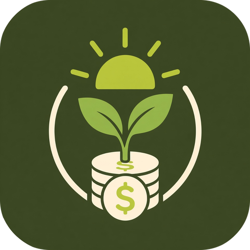 Solar $ icon: a seedling growing from a stack of coins under the sun, inside a feedback arc